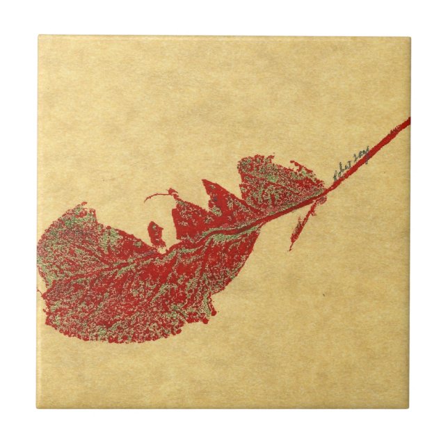 Nature leaf print of a worm eaten apple leaf ceramic tile (Front)