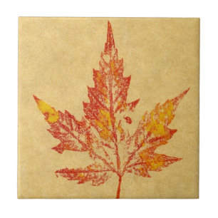 Nature leaf print of fall maple in yellows and red ceramic tile