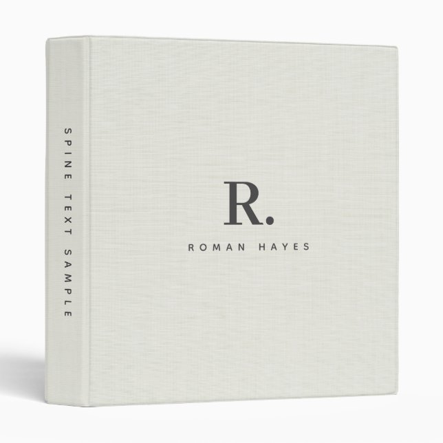 Nature Linen Texture Minimal Elegant Monogram 3 Ring Binder (Front/Spine)