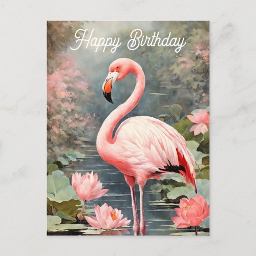 Nature Lotus Pond Pink Flamingo Vintage Postcard