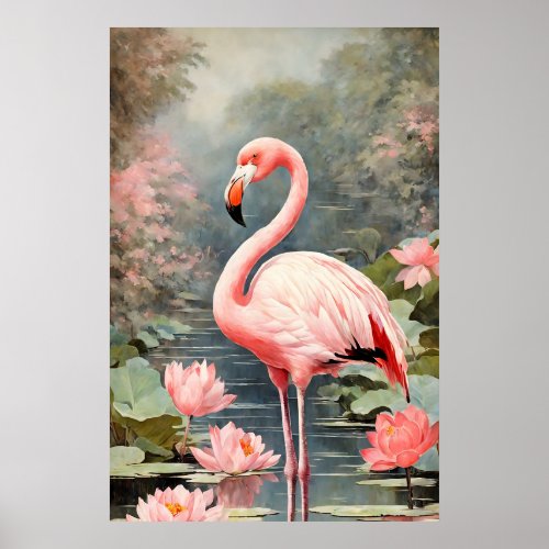 Nature Lotus Pond Pink Flamingo Vintage Poster
