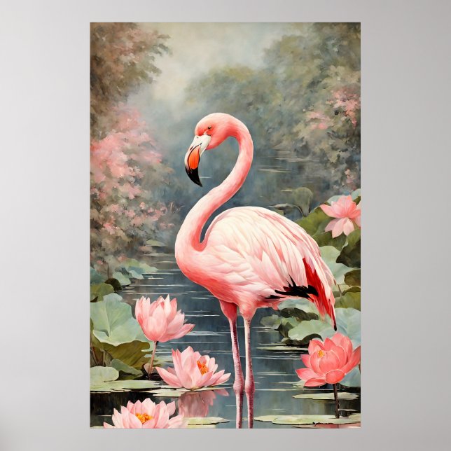 Nature Lotus Pond Pink Flamingo Vintage Poster (Front)