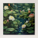 Nature Lotus Water Lily Pond Landscape Jigsaw Puzzle<br><div class="desc">A serene lotus pond landscape,  where vibrant water lilies adorned with dewdrops gracefully float atop the calm waters,  creating a harmonious blend of nature's artistry and serenity.</div>