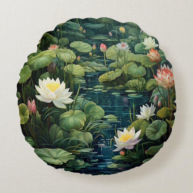 Nature Lotus Water Lily Pond Landscape Round Pillow (Front)