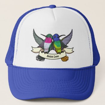 Nature Lover Colorful Hummingbird Ribbon Cartoon Trucker Hat by NoodleWings at Zazzle