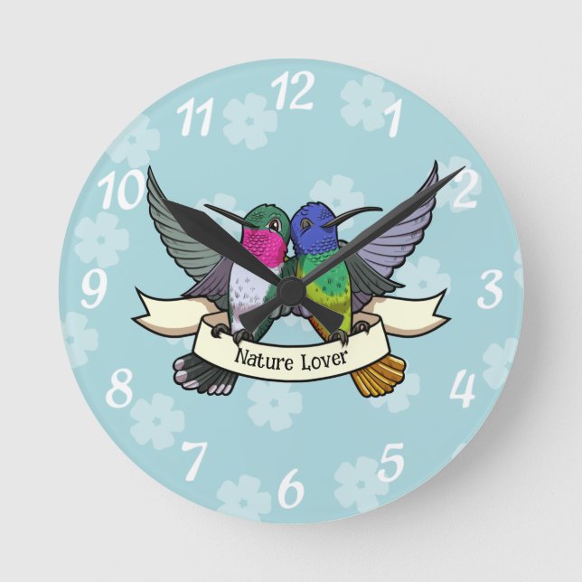Nature Lover Colorful Hummingbirds Cartoon Round Clock (Front)