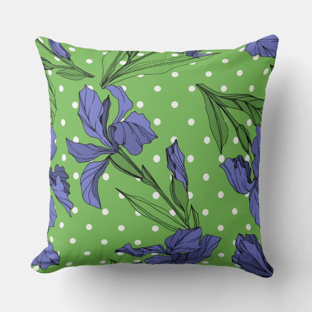 Nature lover greenery, blue flowers engraved ink throw pillow (Front)