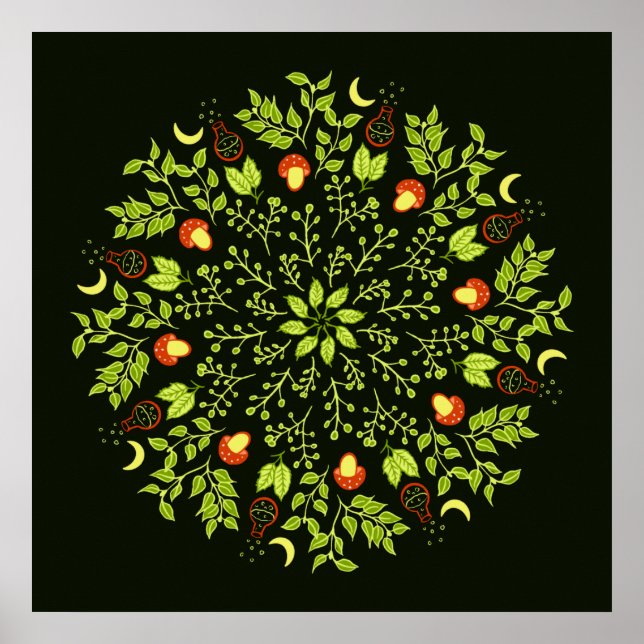 Nature Lover Mandala - Potions, Mushrooms, Leaves Poster (Front)