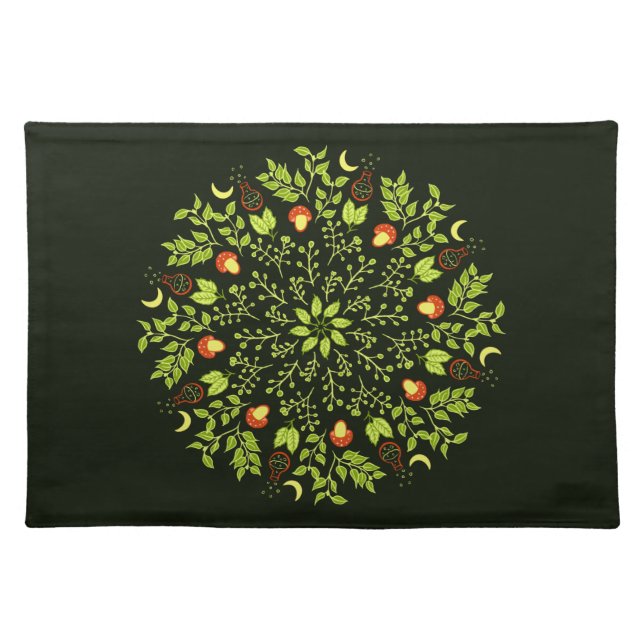 Nature lover potions mushrooms green witch cloth placemat (Front)