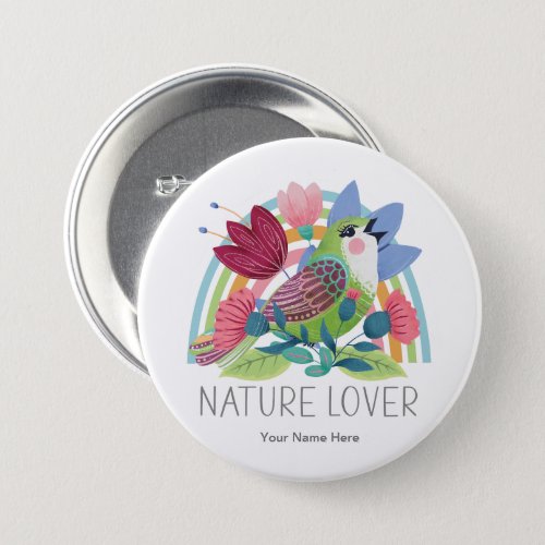 Nature Lover Watercolor Bird Flowers Rainbow Color Button