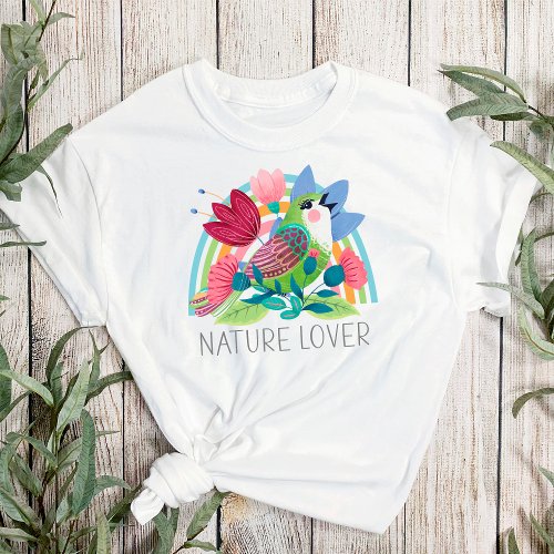 Nature Lover Watercolor Bird Flowers Rainbow Color T_Shirt