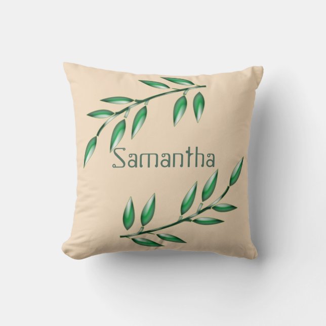 Nature Nursery Green Leaves Baby Name Throw Pillow (Front)