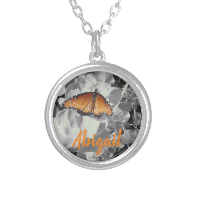 Nature Orange Monarch Butterfly Photo Black White Silver Plated Necklace (Front)