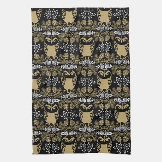 Nature Owl Folk Art Kitchen Towel (Vertical)