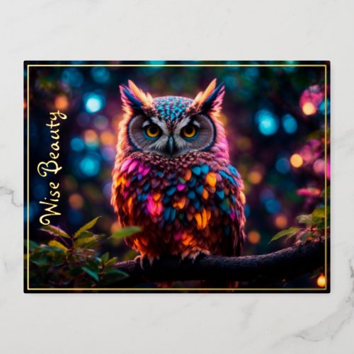 Nature Owl Forest Bird Neon Lovely Trees Feathers Foil Holiday Postcard