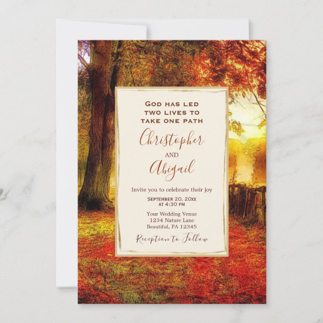Nature Path Autumn Leaves Fall Christian Wedding Invitation (Front)