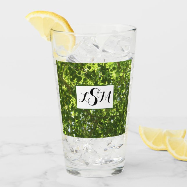 Nature Photo Bright Green Leaves Tree Monogram Glass (Front Ice)