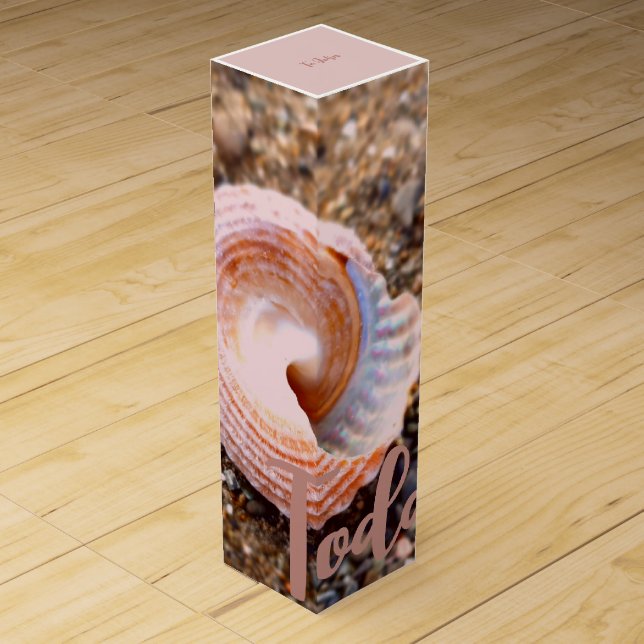 NATURE PHOTO PRETTY SEASHELL PINK SCRIPT TEXT  WINE BOX (Front)