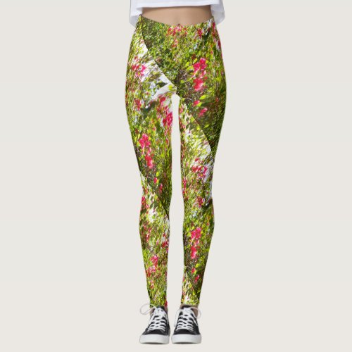 Nature pink flowers with green leaves backdrop leggings