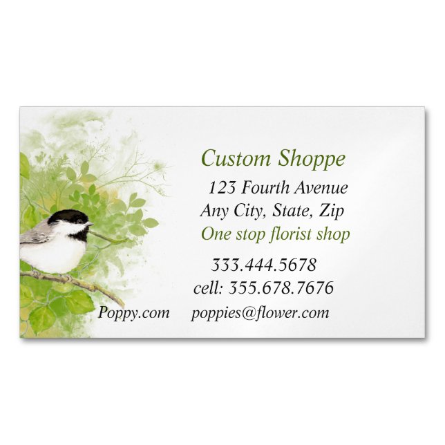 Nature Plant Garden Chickadee Bird Business Card Magnet (Front)