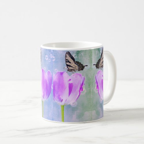 Nature Purple Pink Tulips Flower Butterfly Floral Coffee Mug