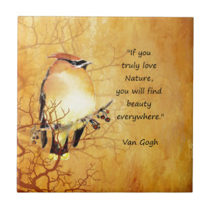 Nature Quote with Cedar Waxwing Bird Art Tile
