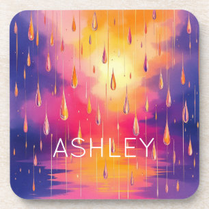 Nature Rain Droplets Watecolor Colorful Beverage Coaster