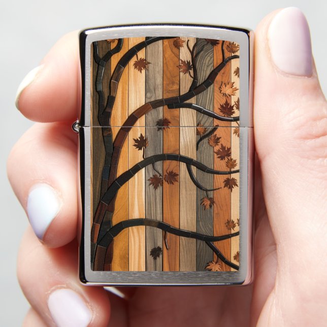  Nature’s Art: Wooden Plank Tree Mosaic Phone Case Zippo Lighter (In Hand)