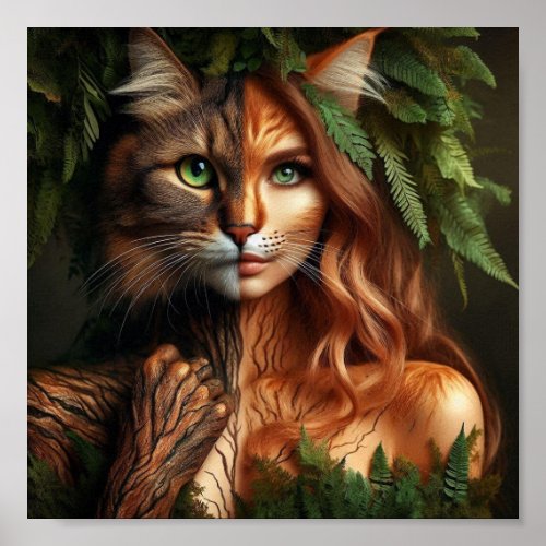 Natures Embrace Human and Feline Fusion Poster