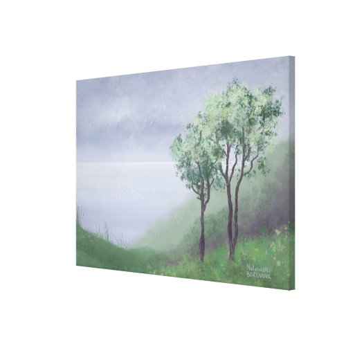 Nature scene cloudy day sea two trees original art canvas print