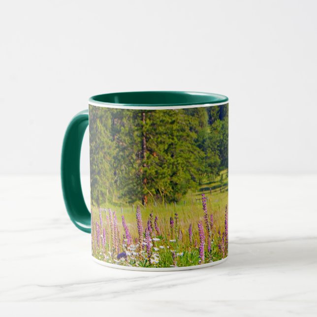 Nature scene, green, violet, meadow, wildflowers mug (Front Left)