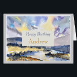 Nature Scene Happy Birthday Personalize Name Card<br><div class="desc">A lovely handpainted watercolor landscape with a warm birthday message for brightest joys in the year to come. Personalize with recipient name.</div>