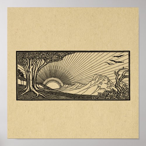 Nature Scene with Flying Birds and Setting Sun Poster
