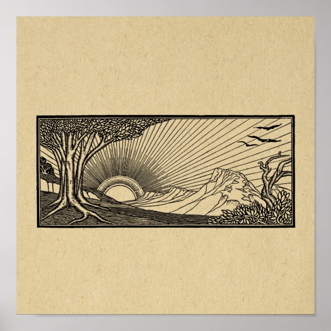 Nature Scene with Flying Birds and Setting Sun Poster (Front)