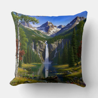 Nature Scenery Mountains Waterfalls Lake Pond Throw Pillow