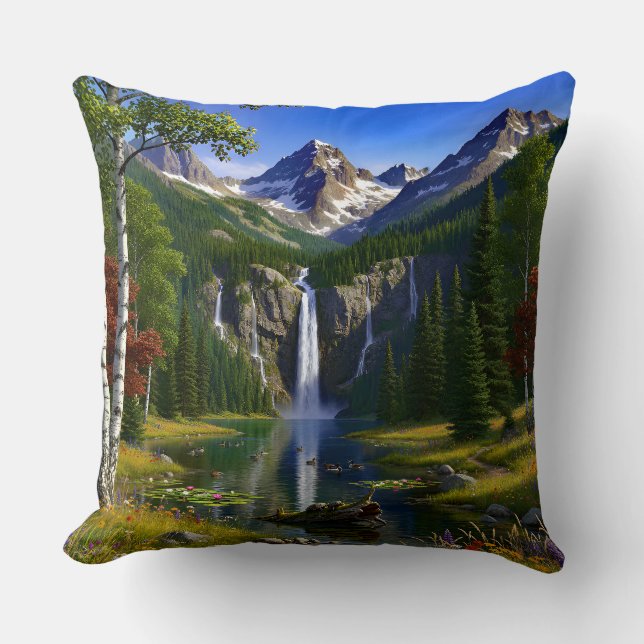 Nature Scenery Mountains Waterfalls Lake Pond Throw Pillow (Front)