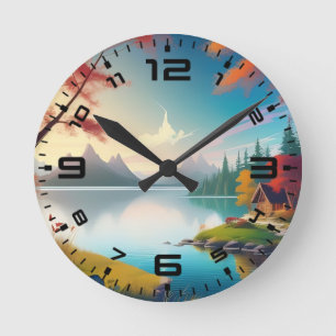 Nature Scenery with A Lake and Cottage-456786 Round Clock