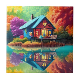 Nature Scenery with Cottage and Lake-38566 Ceramic Tile