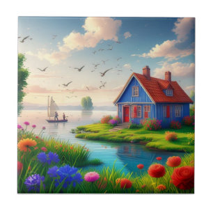 Nature Scenery with Cottage and Lake-434567 Ceramic Tile