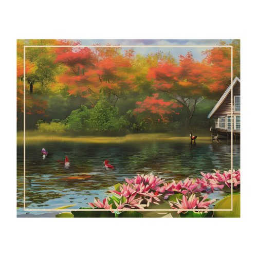 Nature Scenery with Cottage and Lake Wood Wall Art