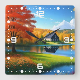 Nature Scenery with Lake and Cottage Square Wall Clock