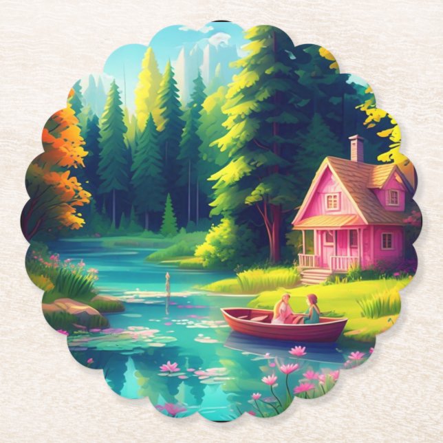 Nature Scenery with Pink Cottage-68884 Paper Coaster (Front)