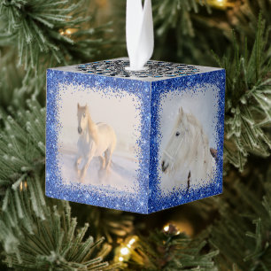 Nature Snow Winter White Horse Equine Pet 4 Photo Cube Ornament