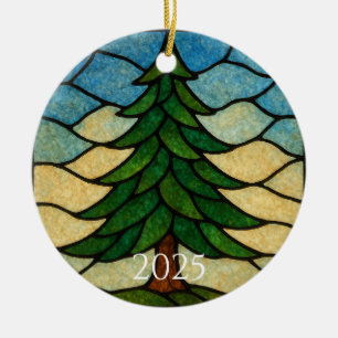 Nature Stained Glass Pine Tree Christmas Tree Ceramic Ornament