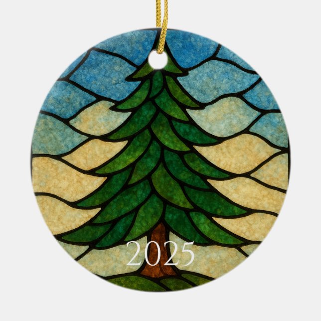 Nature Stained Glass Pine Tree | Christmas Tree Ceramic Ornament (Front)