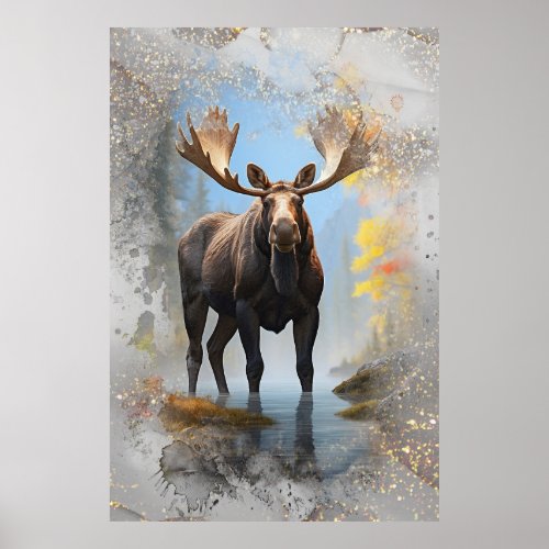  Nature Stream AP49 MOOSE Artsy Forest Glitter Poster