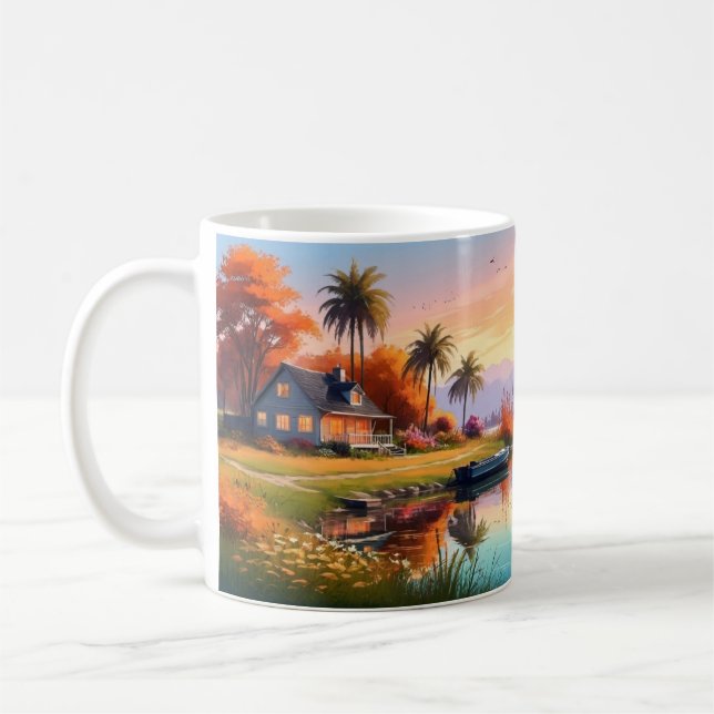 Nature Sunset Painting with Lake, Cottage  Coffee Mug (Left)