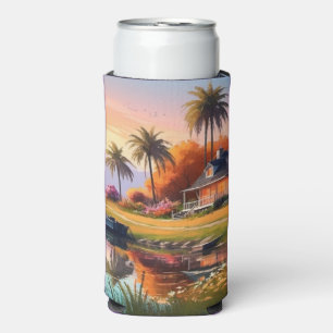 Nature Sunset Painting with Lake, Cottage  Seltzer Can Cooler