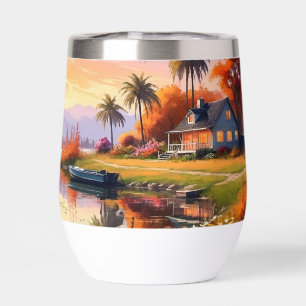 Nature Sunset Painting with Lake, Cottage  Thermal Wine Tumbler