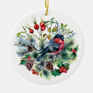 Nature Theme Bullfinch Pine Branches Pine Cones Ceramic Ornament